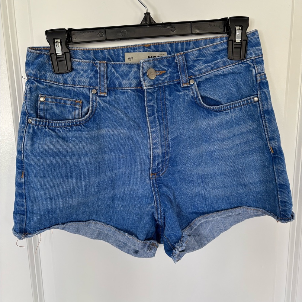Topshop Moto Blue Jean Shorts High-Waisted Cuffed